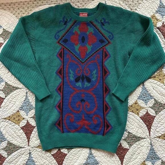 Claude Sweaters - Whimsical Vintage 80s Claude floral Aztec chunky ribbed green sweater size L